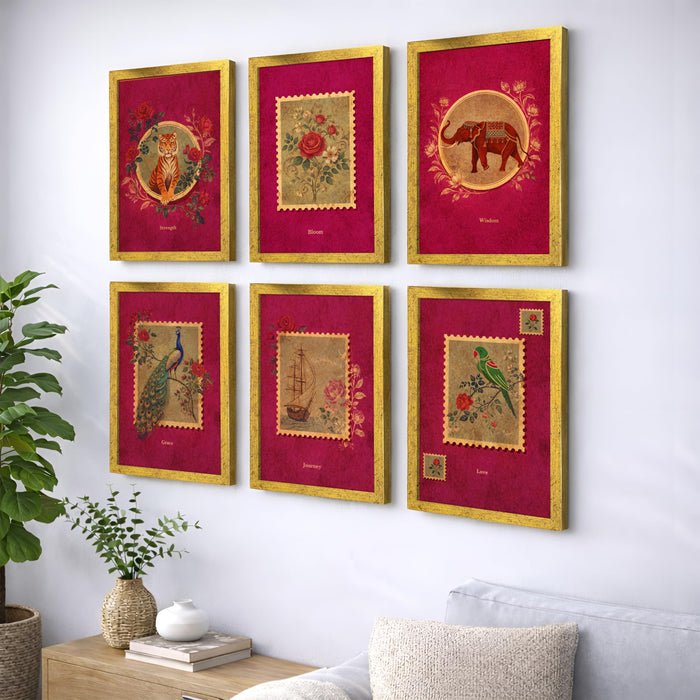Madhubani Pichwai Painting With Frame for living room, Lotus Flower Framed Wall Art Painting for Home Decor Set of 6, Size 9.5 by 12.5 Inch