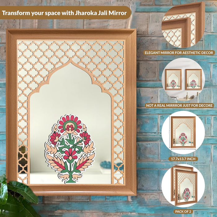 Decorative Acrylic Mirror with Floral And Mughal Design MDF Jali Set of 2 | Two Beige Jharokha Wooden Wall Mirror Panel (18x14 Inch)