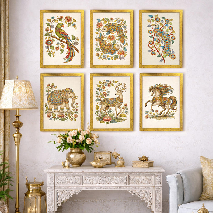 Indian Folk Art Painting With Frame for living room, Royal Birds & Animals Framed Wall Art Painting for Home Decor Set of 6, Size 9.5 by 12.5 Inch
