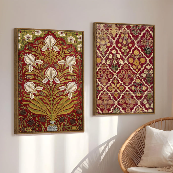 Flower Pattern Mughal Canvas Floral Large Wall Art Painting for Living Room Decoration, Stylish Large Wall Art Print for Wall Decor (Set of 2, 58x89 cm)