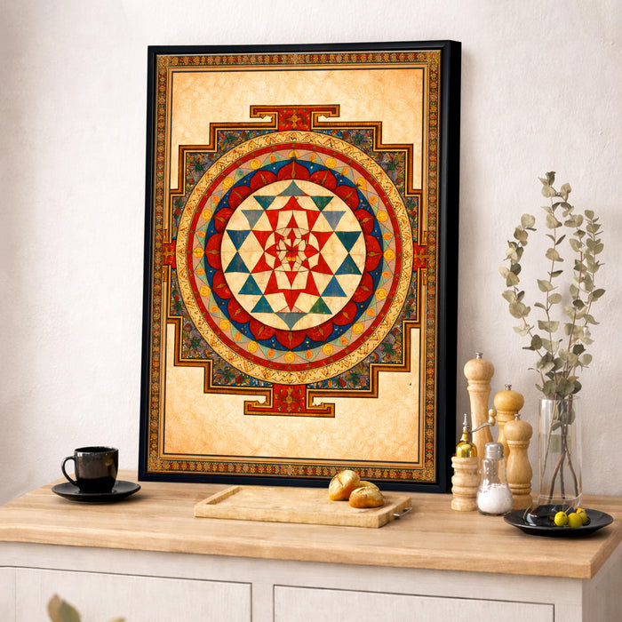 Sri Yantra Mandala Framed Canvas Painting for Living Room Wall Deocr, Shree Yantra Sacred Geometry Vastu Framed Canvas Wall Art for Vastu Place Bedroom Home Hallways Office Hotel, Size 43x58 cm