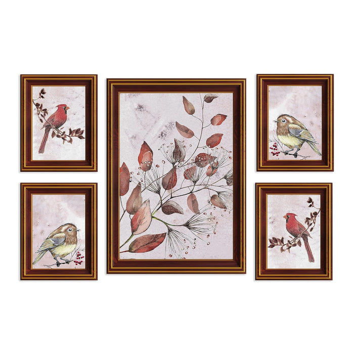 Art Street Bird On Branch Framed Art Print For Living Room, Decorative Home & Wall Decor - Set Of 5 (Brown, 4 Pcs-5x7 Inch, & 12x16 Inch)