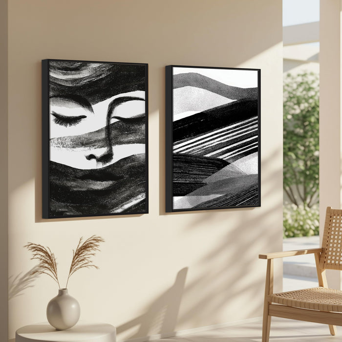 Abstract Face Black and White Canvas Bohemian Large Wall Art Painting for Living Room Decoration, Stylish Large Wall Art Print for Wall Decor (Set of 2, 58x89 cm)