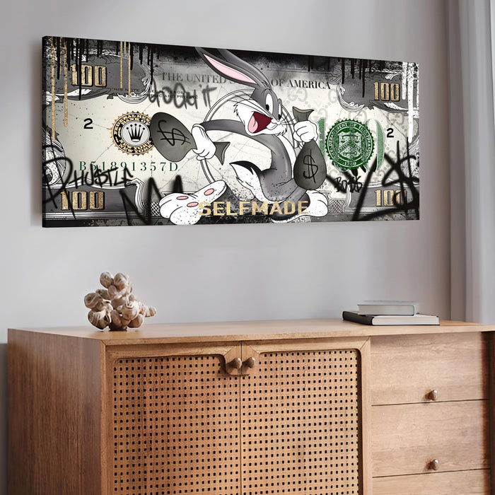 Self-Made Money Graffiti Stretched Canvas Wall Art | Luxury Dollar Theme Pop Art Modern Wall Painting for Living Room, Office & Studio Décor, 22x46 Inch