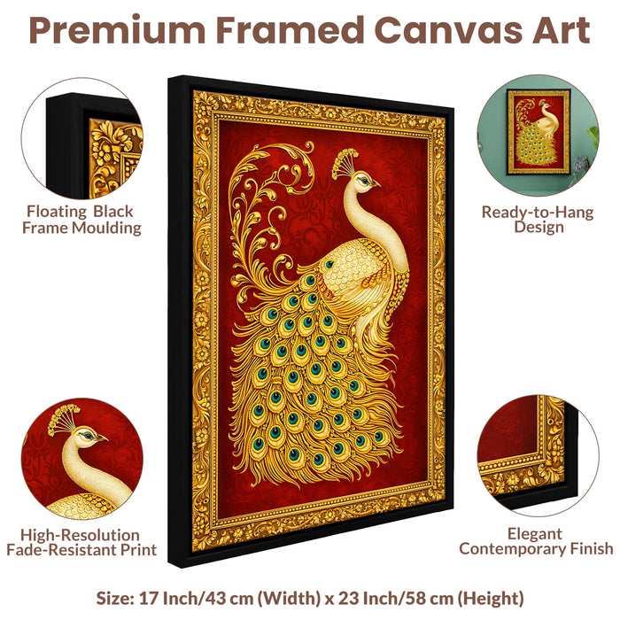 Tanjore Golden Peacock Framed Canvas Painting for Living Room Wall Decor, Holy Peacock Vastu Framed Canvas Wall Art for Vastu Place Bedroom Home Hallways Office Hotel, Size 43x58 cm
