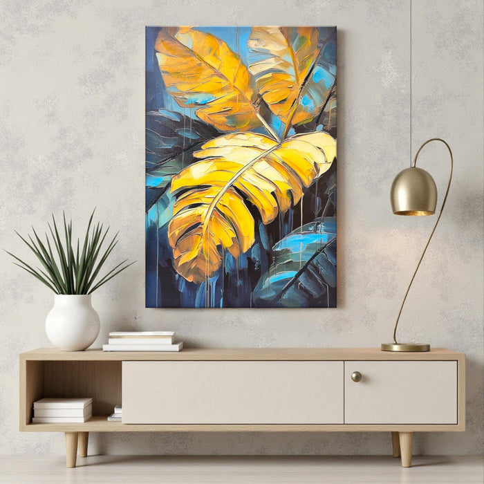 Stretched Canvas Tropical Leaf Art Wall Art Painting Abstract Yellow and Blue Leaves 3D Painting Abstract Paintings for Bedroom Office Wall Décor Hand Painted 61x91 cm