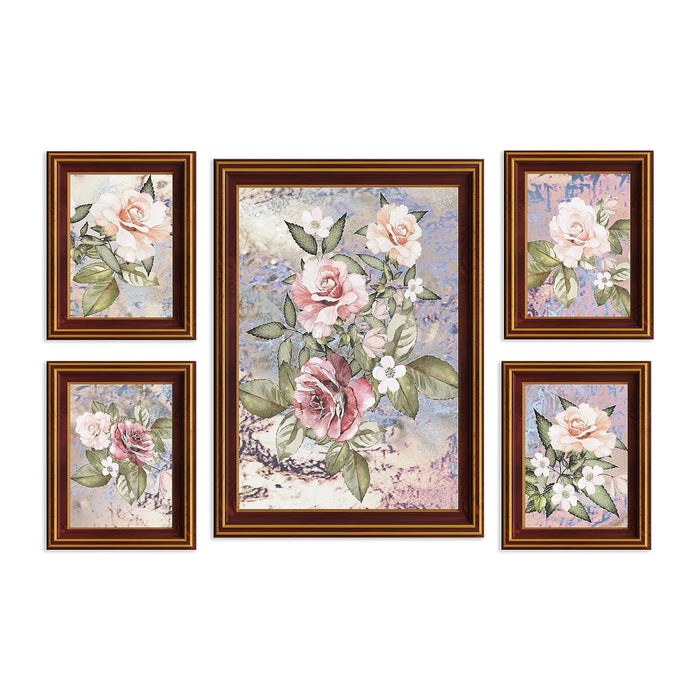 Art Street Pink Rose Floral White & Red Framed Art Print For Living Room, Decorative Home & Wall Decor - Set Of 5 (Brown, 4 Pcs-5x7 Inch, & 12x16 Inch)