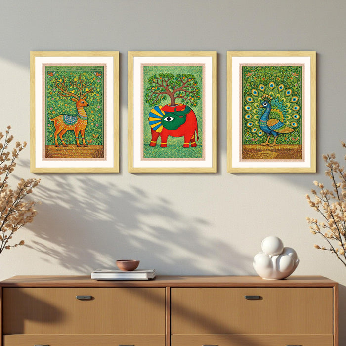 Gond Art of Deer Elephant Peacock A3 Framed Poster for Living Room With Frame, Nature Botanical Madhubani Framed Vastu Posters for Home Decor Bedroom Hallways Office Hotel Set of 3, Size 33x45 cm