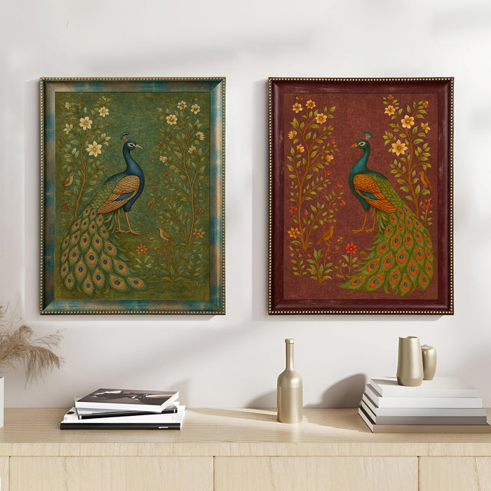 Set of 2 Green and Maroon Peacock Wall Art Framed Art Prints, Antique Indian Mughal Rajasthani Style Peacock Bird Painting, Ornate Framed Ethnic Wall Decor Living Room Bedroom 35x45 cm