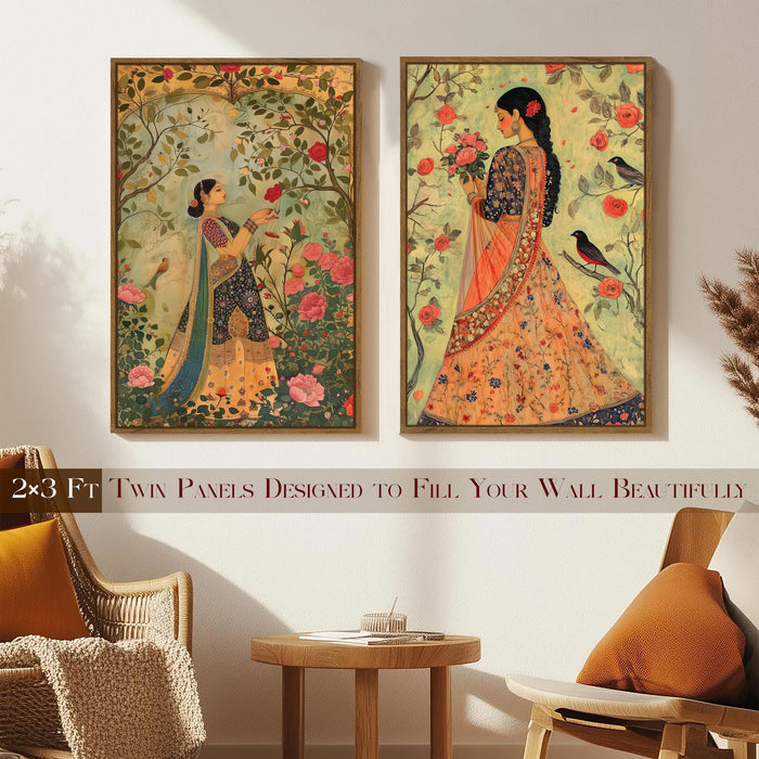 Mughal Women in Flower Garden Canvas Indian Large Wall Art Painting for Living Room Decoration, Stylish Large Wall Art Print for Wall Decor (Set of 2, 58x89 cm)