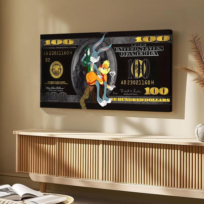 Urban Street Art Stretched Canvas Wall Decor – Modern Bill Money Background Pop Art – Edgy Lifestyle Canvas for Office, Man Cave, or Home – Gallery Wrapped, 22x46 Inch