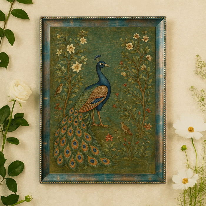 Set of 2 Green and Maroon Peacock Wall Art Framed Art Prints, Antique Indian Mughal Rajasthani Style Peacock Bird Painting, Ornate Framed Ethnic Wall Decor Living Room Bedroom 35x45 cm