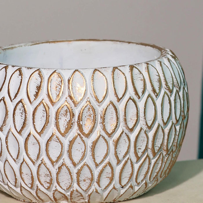 Handmade Cement Flower Pot Indoor Outdoor Plant Pot, Fade Resistant White and Golden Elegant Leaf Pattern Vase, Flower Vase Cemented Flower Vases 10x13 cm