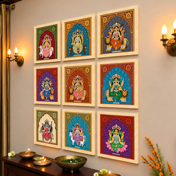 Nine Forms of Nav Durga Wall Art Painting Set of 9 with Frames 9x9 Inch, Hindu Goddess Navratri Decorative Wall Paintings & Showpiece, Spiritual Religious Wall Decor for Living Room, Pooja Room
