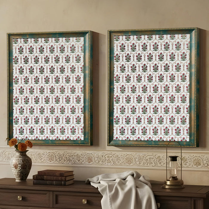 Pack of 2 Indian Pichwai Madhubani Green Framed Art-Print Wall Art Set Antique Nature Traditional Wall Décor Glitter Gold Foil Art Prints For Living Room, Bedroom, Office 35x45 cm