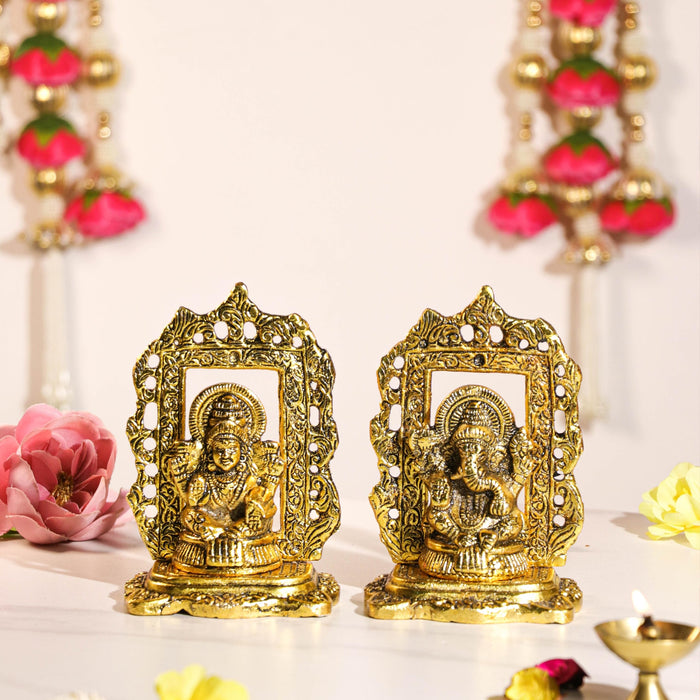 Antique Metal Lakshmi and Ganesha Brass Finished Idol Set for Pooja Room, Deepawali Decoration for Home, Lakshmi Ganesh Idol for Diwali, Brass Finished Idols for Home Décor 8.9x13.7 cm