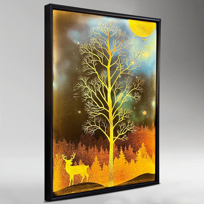 Framed Canvas Art Print with LED Light Decorative Canvas Wall Painting, Deer and Tree in Front of the Moon Wall Decor 43x58 cm