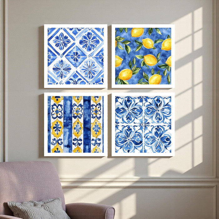 PAINTINGMANTRA Blue Tile Pattern Wall Art Set of 4, Mediterranean Lemon & Floral Canvas Prints with Wooden Frame, Decorative Wall Decor for Living Room, Bedroom & Home, (13.2x 13.2 inch)