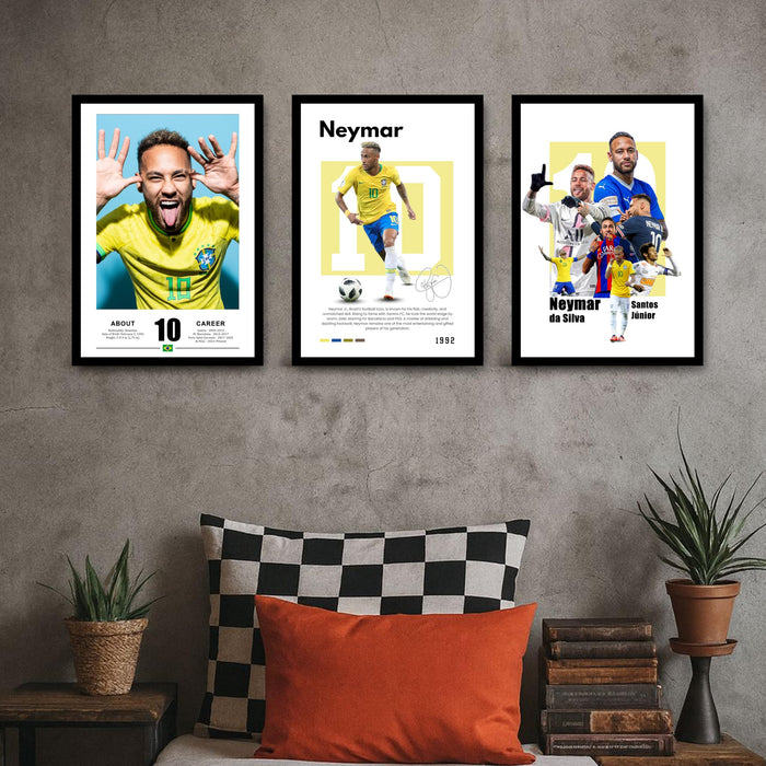 Neymar Jr Brazil Sports Painting With Frame for living room, Football Player Framed Wall Art Painting for Home Decor Set of 3, Size 13.6 by 17.9 Inch