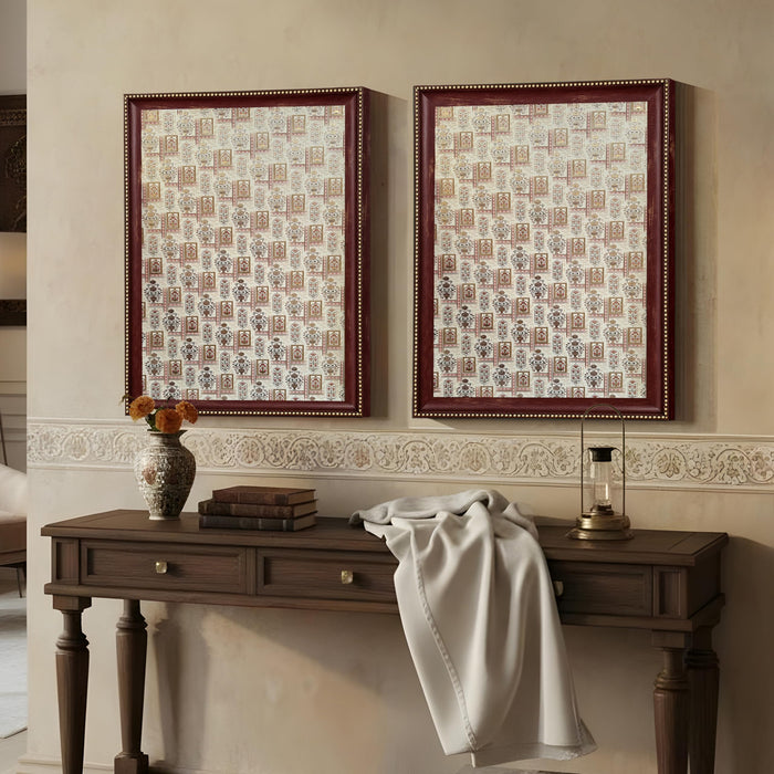 Pack of 2 Indian Pichwai Madhubani Maroon Framed Art-Print Wall Art Set Antique Nature Traditional Wall Décor Glitter Gold Foil Art Prints For Living Room, Bedroom, Office 35x45 cm