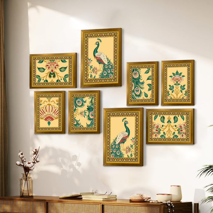 Art Street Set of 8 Indian Wall Art Print Peacock with Flower Framed Vintage Poster for Home (Size: 9.3x12.7 & 12.7x17.5 Inch)