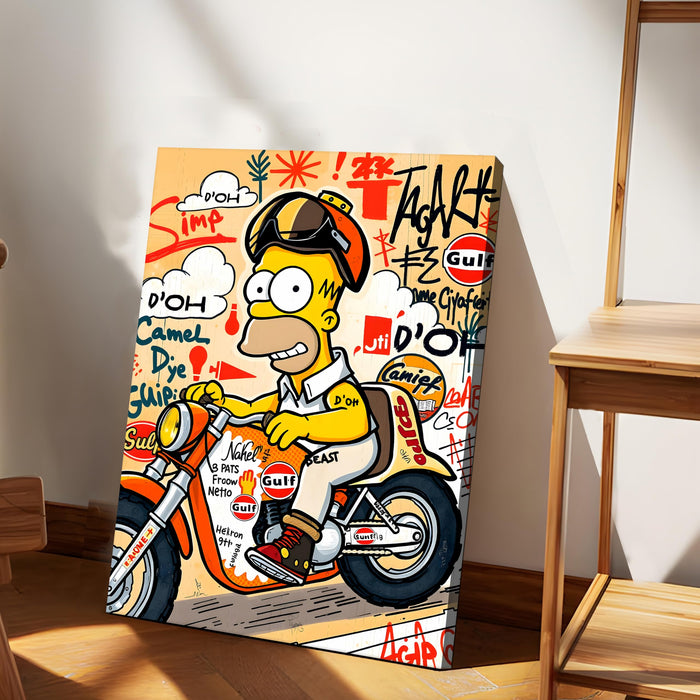 Cartoon Biker Graffiti Stretched Canvas Painting Print | Street Pop Art Wall Décor | Modern Motorcycle Illustration for Home & Office, 41x56 cm