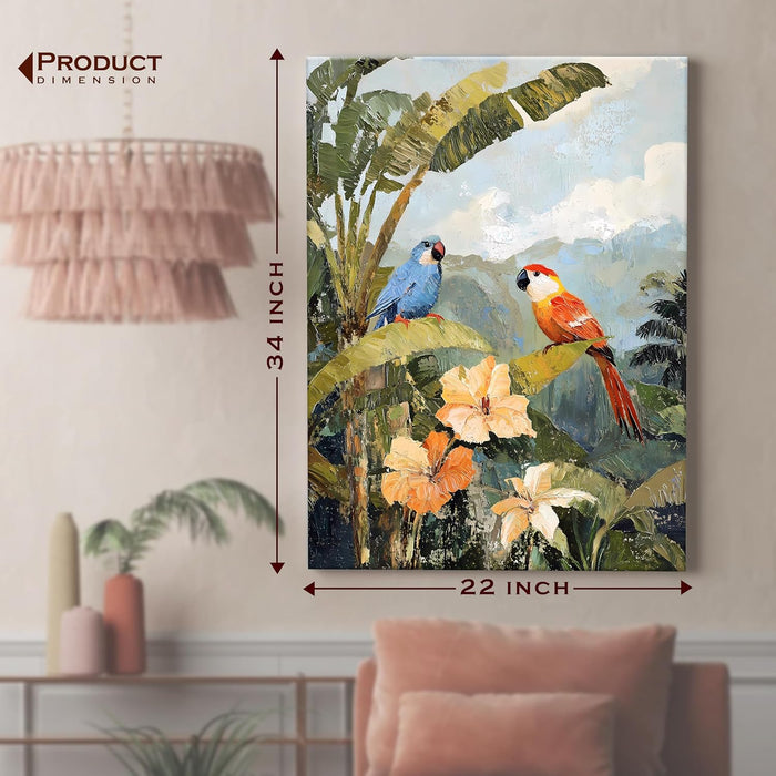 Landscape Abstract Canvas Wall Art Painting Birds Standing on Branch Multicolor | Digital Painting on Canvas Stretched on Wood (22x34 Inch)