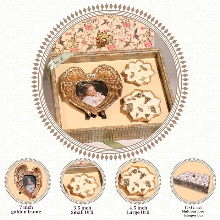 Diwali Gift Hamper Box with Heart Shape Vintage Photo Frame with Urli Diya, Friends and Relatives (Pack of 2)