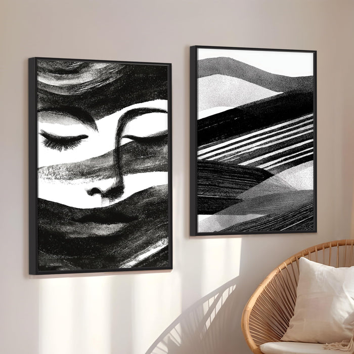 Abstract Face Black and White Canvas Bohemian Large Wall Art Painting for Living Room Decoration, Stylish Large Wall Art Print for Wall Decor (Set of 2, 58x89 cm)