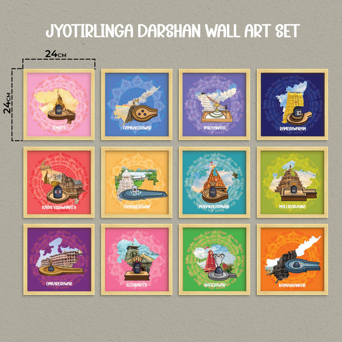 12 Jyotirlinga Wall Art Painting For Living Room | Lord Shiva Sacred Temples Framed Wall Art Paintings | Spiritual Home Decor Frames for Pooja Room, Office | Religious Gift Set (Set of 12), 9x9 Inch