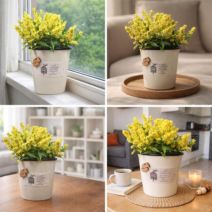 Ceramic Flower Pot with Artificial Yellow Flowers | Decorative Tabletop Planter for Home, Office