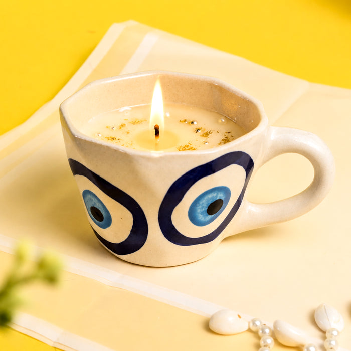 Diwali Evil Eye Gift Set with Photo Framed Art, Evil Eye Scented Candle & Round Coaster