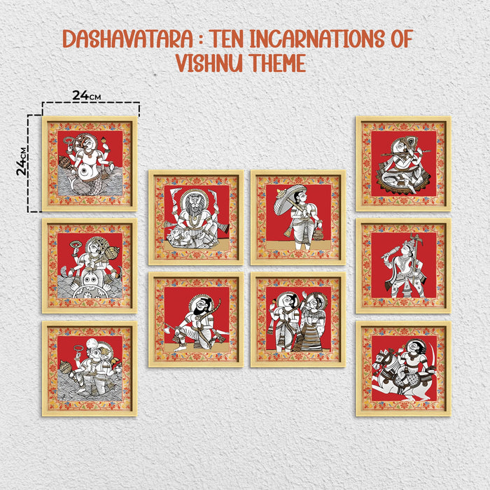 Dashavatar Wall Art Paintings With Frame For Living Room | 10 Avatars of Lord Vishnu Framed Paintings | Sacred Hindu Spiritual Wall Decor Poster for Home, Pooja Room, Gifting, Set of 10, Size 24x24 cm