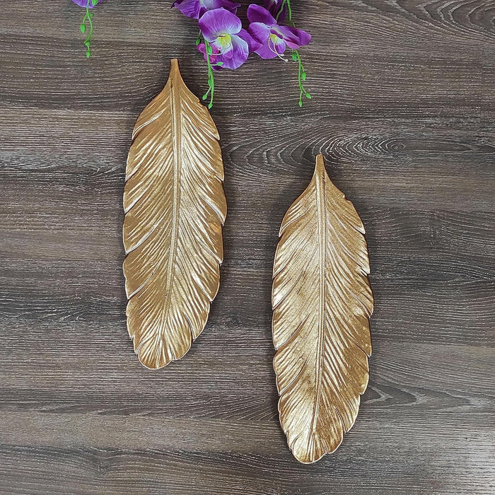 Art Street Golden Feather Design Tray MDF Wall Plate For Living Room, Decorative Wall Hanging Carved Decal for Home Décor (Set of 2, 5.2x15.5 Inch)