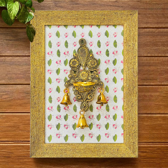 Art Street Brass Framed Wall Hanging Diya Decorative Metal Oil Lamp with Ganesha Diya Frame Inspired Traditional Indian Home Decor Pooja Room Golden Frame with Metal and Bells 21x26 cm