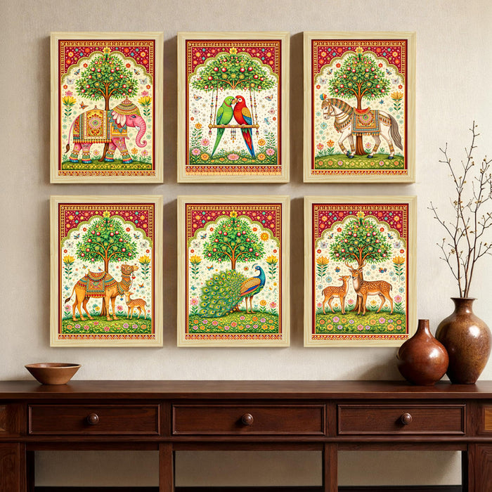 Indian Madhubani Painting With Frame for living room, Folk Style Garden Framed Wall Art Painting for Home Decor Set of 6, Size 9.5 by 12.5 Inch