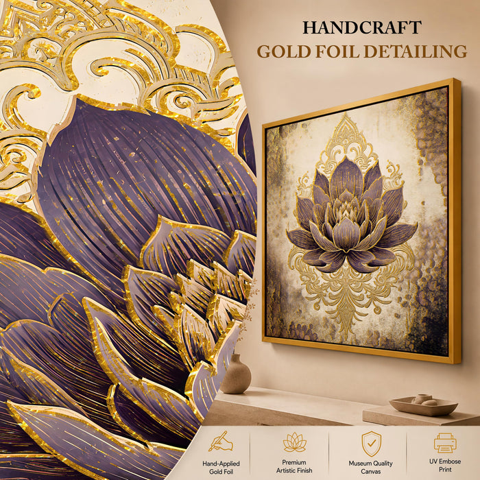 Vastu Lotus Gold Foil Canvas Painting For Living Room | Premium Golden Textured Abstract Floral Canvas Wall Art with Frame for Home Wall, Decoration Item for Pooja Room, Home 23x23 Inch