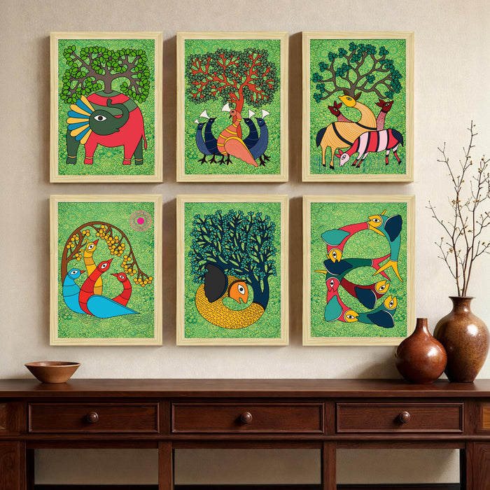 Gond tribal Art Painting With Frame for living room, Traditional Indian Folk Framed Wall Art Painting for Home Decor Set of 6, Size 9.5 by 12.5 Inch