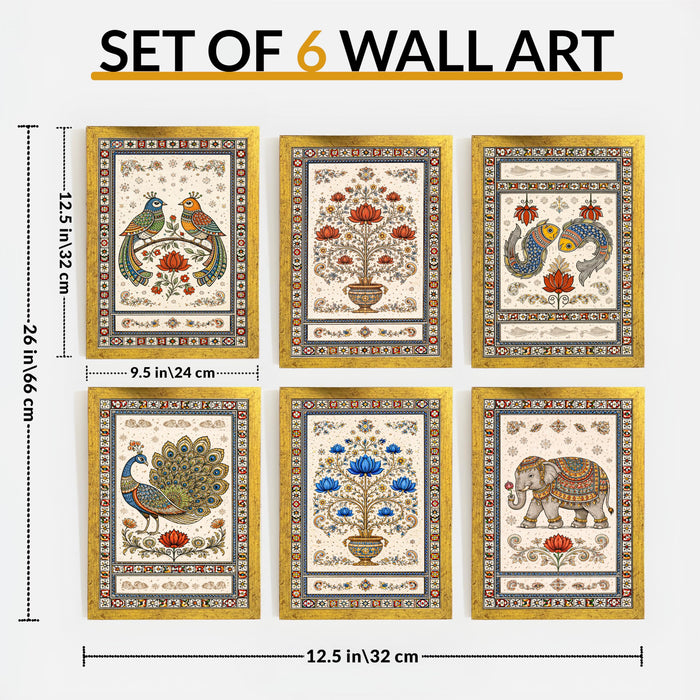 Madhubani Painting With Frame for living room, Traditional Rajasthani Style Framed Wall Art Painting for Home Decor Set of 6, Size 9.5 by 12.5 Inch