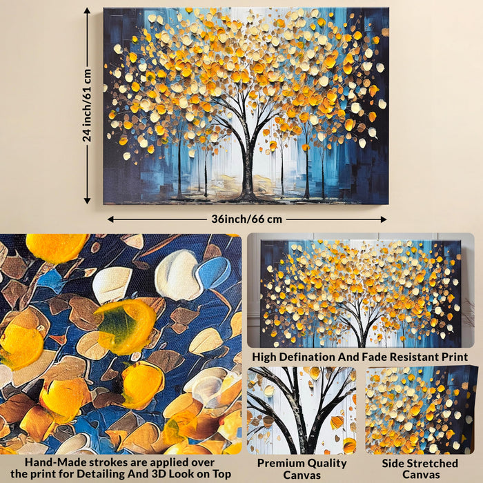 PAINTINGMANTRA Abstract Tree Stretched Canvas Wall Art Tree of Life 3D Textured Painting Blue Yellow Canvas Painting for Living Room Abstract Paintings Bedroom Office Hand Painted Wall Décor 61x91 cm