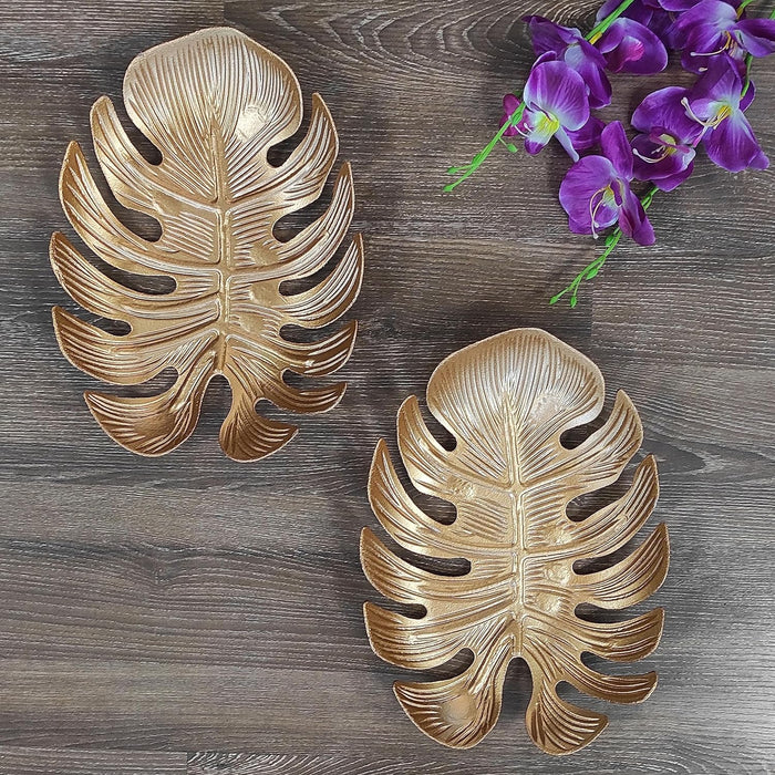 Art Street Golden Monstera Leaf Tray MDF Wall Plate For Living Room, Decorative Wall Hanging Carved Decal for Home Décor (Set of 2, 8.7x12 Inch)