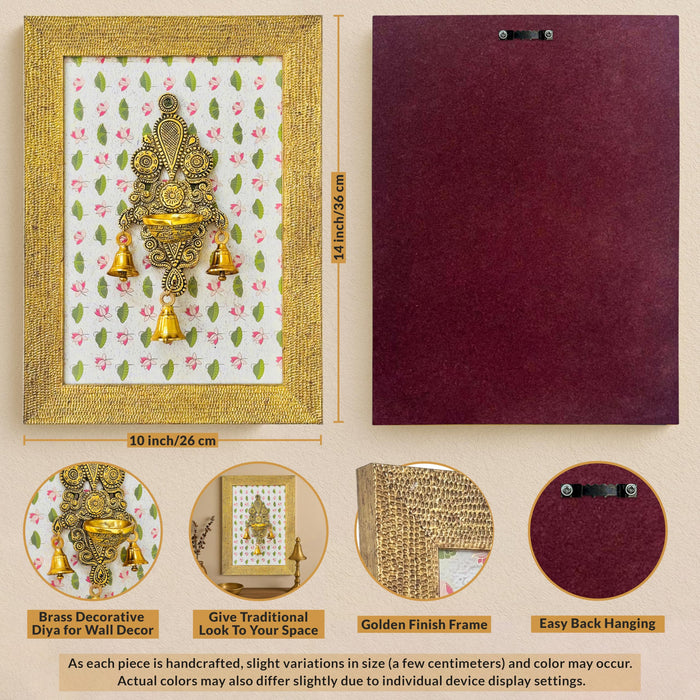 Art Street Brass Framed Wall Hanging Diya Decorative Metal Oil Lamp with Ganesha Diya Frame Inspired Traditional Indian Home Decor Pooja Room Golden Frame with Metal and Bells 21x26 cm
