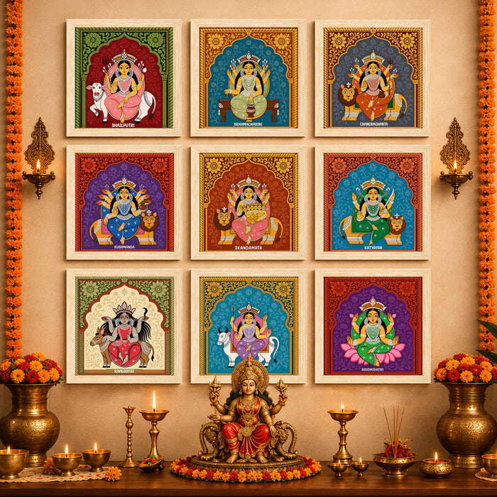 Nine Forms of Nav Durga Wall Art Painting Set of 9 with Frames 9x9 Inch, Hindu Goddess Navratri Decorative Wall Paintings & Showpiece, Spiritual Religious Wall Decor for Living Room, Pooja Room