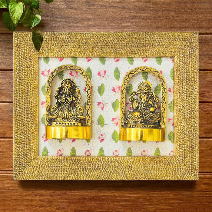 Art Street Ganesha Lakshmi Frame Metal God Idol Wall Art Background Framed Hindu Deities Traditional Indian Religious Decor Golden Finish Engineered Wood Frame Metal Idols Home Temple Office 21x26 cm
