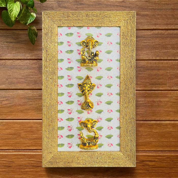 Art Street Wall Decorative Framed Metal Idols Ganesha Idol Wall Art with Gold Metal Finish Framed Ganesha Set, Indian Religious Frame with Gold Ganesh Home Décor for Home Office Temple 21x36 cm