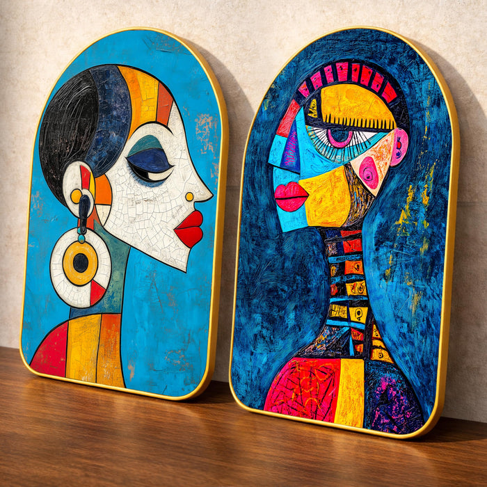 Abstract Women Face Modern Nordic Wall Art Painting Set of 2 for Living Room, Metallic PVC Gold Moulding 16x24 Inch