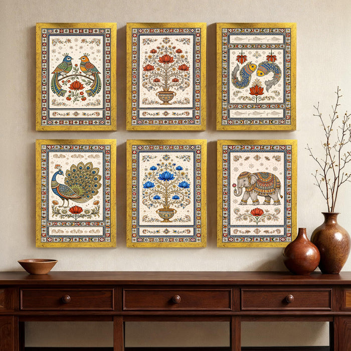 Madhubani Painting With Frame for living room, Traditional Rajasthani Style Framed Wall Art Painting for Home Decor Set of 6, Size 9.5 by 12.5 Inch