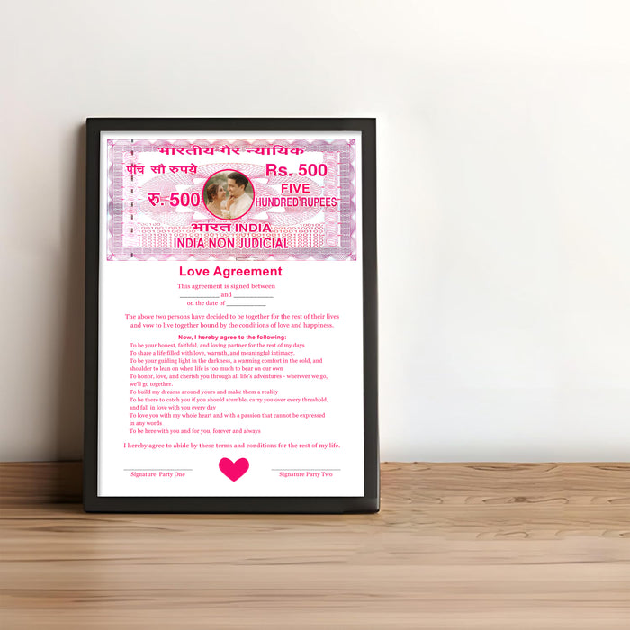 Customized Love Contract Photo Frame Non-Judicial Stamp Paper Love Agreement Certificate Romantic Couple Gift 22x32 cm