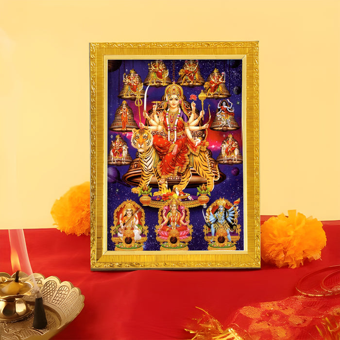 Divine Devi Navdurga and Maa Kali, Lakshmi and Saraswathi Religious Golden Photo Frame Stand able and Wall Hanging for Temple (13x18 cm)