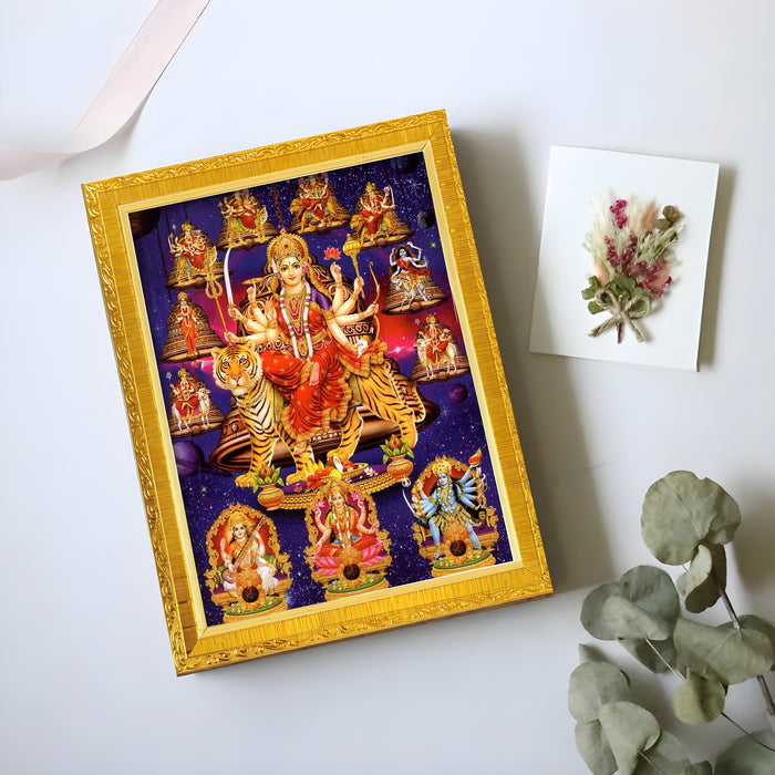 Divine Devi Navdurga and Maa Kali, Lakshmi and Saraswathi Religious Golden Photo Frame Stand able and Wall Hanging for Temple (13x18 cm)